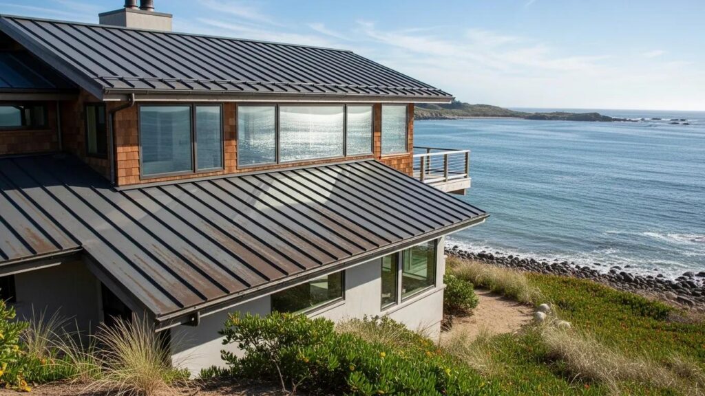 A real metal roof on a coastal home — ideally one of your completed jobs near the water. Standing seam in a coastal setting is perfect.