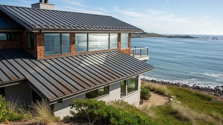 A real metal roof on a coastal home &mdash; ideally one of your completed jobs near the water. Standing seam in a coastal setting is perfect.