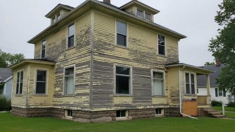 A real photo of a home with visibly damaged or aging siding (cracked, warped, or faded) &mdash; ideally one of your own job-site "before" photos from a past project, not a stock photo if you can avoid it