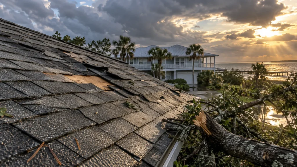 Storm-damaged roof on an Eastern Shore home after severe weather